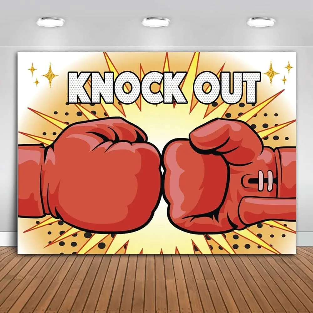 Red Boxing Glove Backdrop Knock Out Theme  Match Decor Banner Photo Studio Props Yellow Black Wave Point Stars Twinkle Boys Birthday Party Dorm Decorations Backdrop 7x5ft BJZSME185