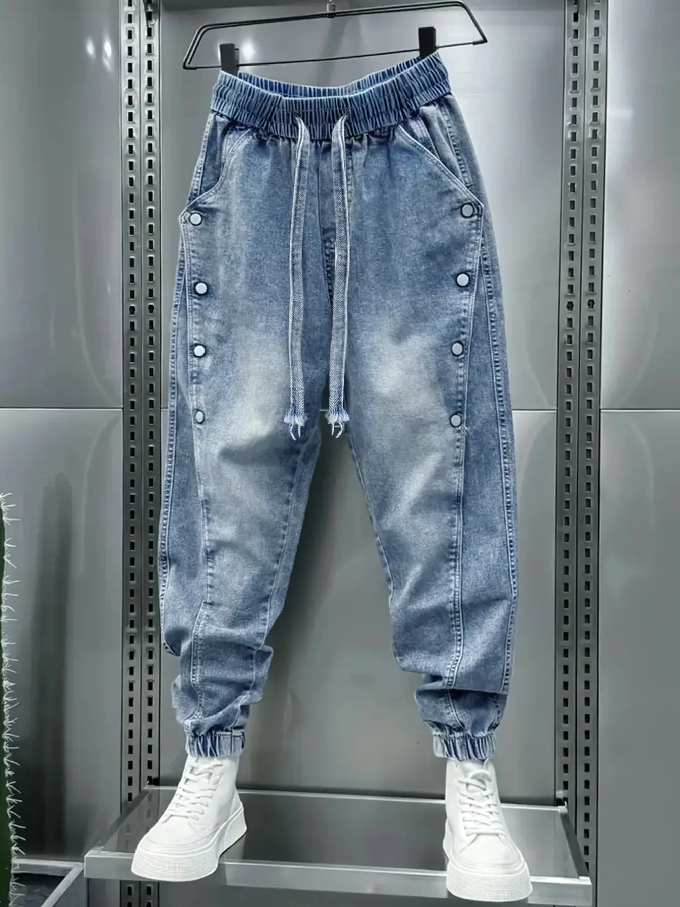 Men's Light Wash Denim Joggers, Elastic Drawstring Waist, Side Button Detail, Elastic Cuff, Casual Hip Hop Streetwear, Fall Winter