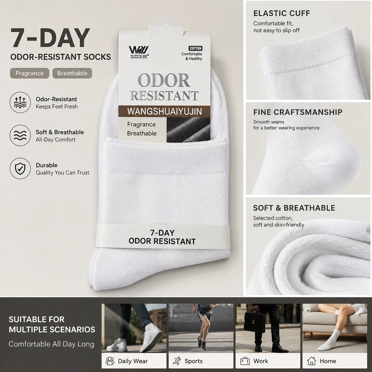 7-Day Odor Resistant Cotton Socks for Men & Women, Breathable Soft Crew Socks, Moisture Wicking Casual Everyday Socks