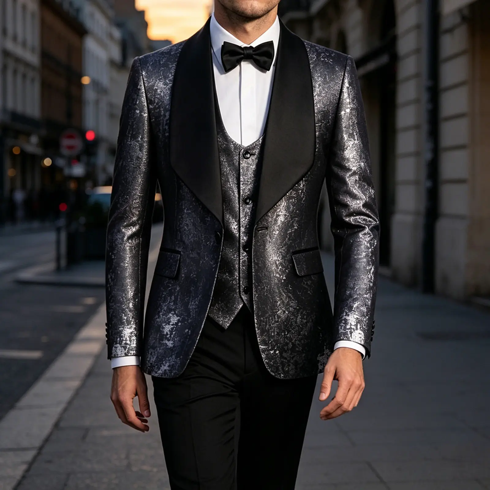 Men 3 Piece Suit Black Silver Metallic Tie Dye Tuxedo Jacket Matching Vest & Black Trousers Black Satin Shawl Lapel Formal Outfit for Wedding Prom Stage Blazer Classic