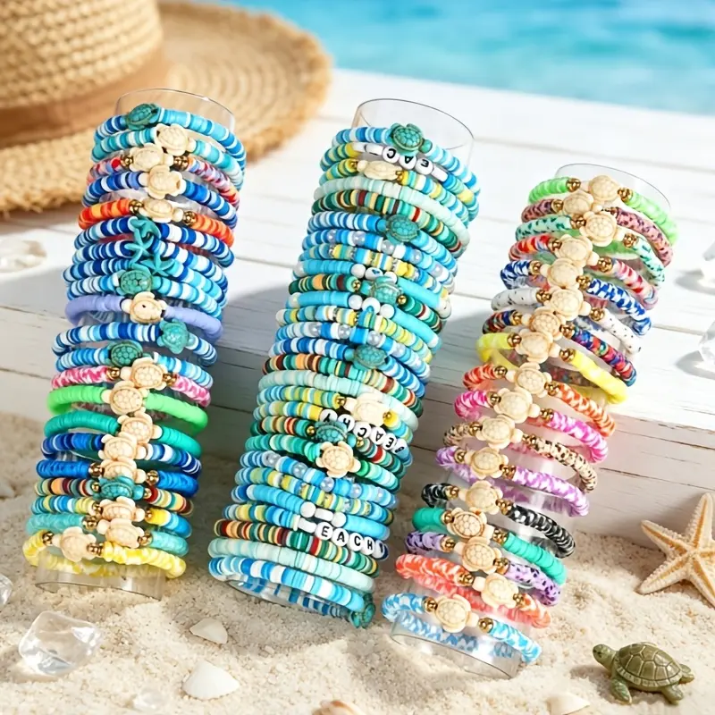 11/23/35Pcs Boho Styles Turtle Bracelets Suitable for Women & Men - Mixed Blue Ocean Polymer Clay Bead Stretch Wristbands, Stackable Sea Turtle Jewelry for Beach Parties, Daily Wear, Vacation Gifts, Year-Round Bohemian