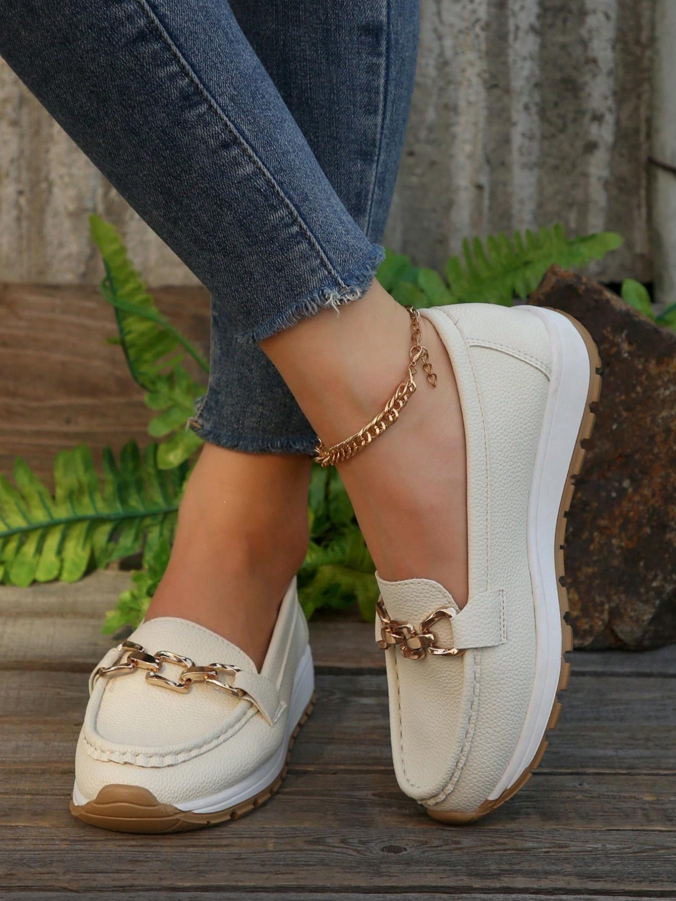 Women's Casual Sporty Slip-On Low-Top Shoes, Lightweight Comfortable Fashion Round-Toe PU Leather Shoes with Chain Decoration, Slip On Style