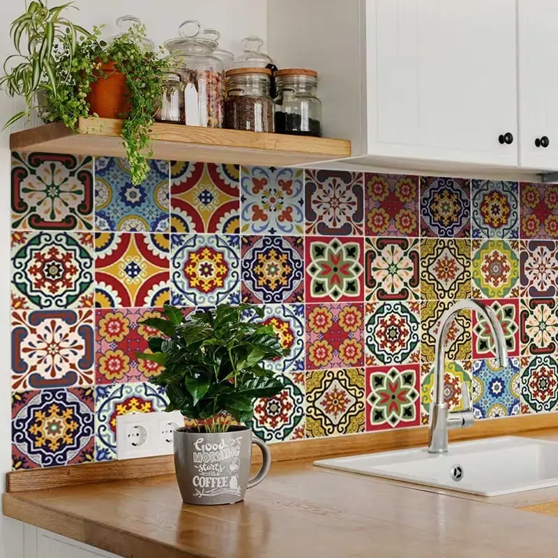 24 Pieces Boho Floral Tile Stickers, 4x4 Inch Self-Adhesive Vinyl Decals for Kitchen Splash Guards, Bathroom, Stair Walls, Easy Peel off, Flower Wall Stickers