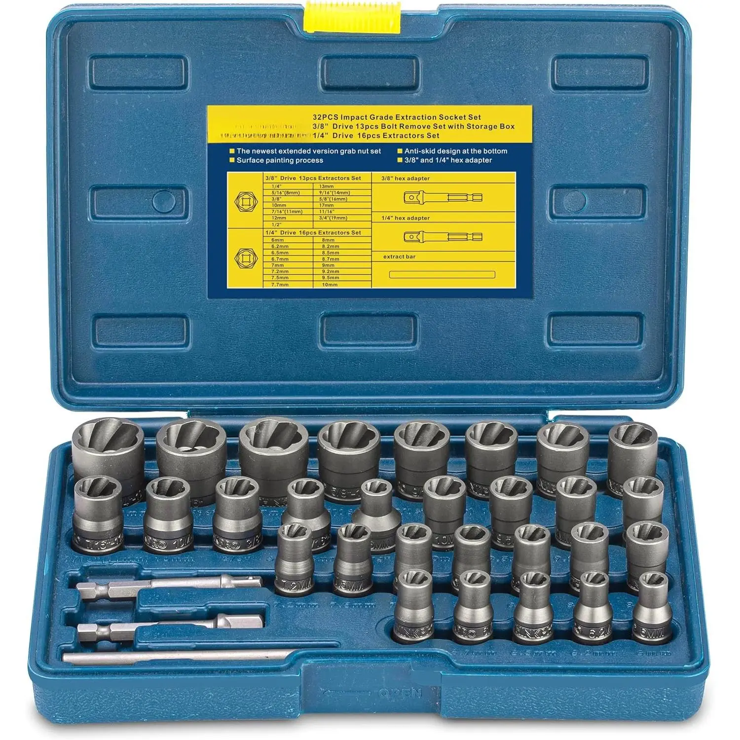 Bolt Extractor Kit, 32 count Rounded Bolt Remover | Extractor Socket Set Removes Damaged, Frozen, Rusted, Rounded-Off , Nuts & Screws