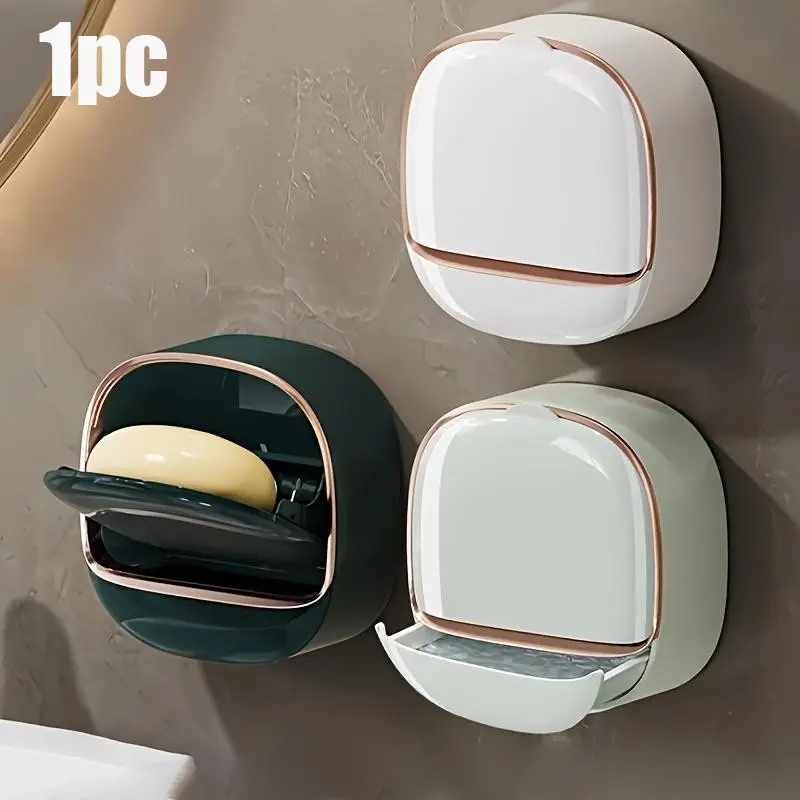 [No-Drill Soap Dish] 1pc Wall-Mounted Soap Dish With Drainage, Covered Soap Holder, No-Drill Premium Drainage Home Soap Rack, ABS Soap Dish Storage, Suitable for Bathroom, Shower Room, Travel Carry, Easy Soap Holder, Toiletries, Bathroom Additions
