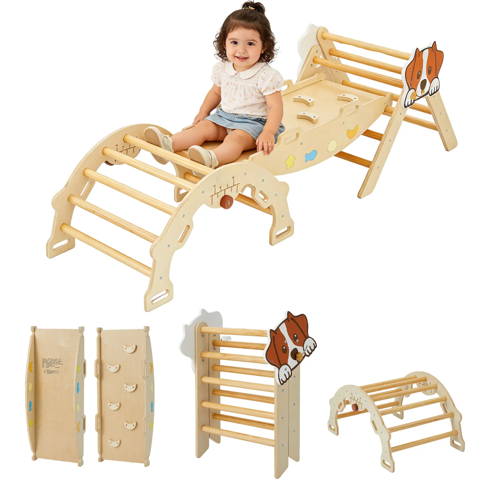 7-in-1 Wooden Climbing Triangle Set with Slide, Foldable Indoor Jungle Gym for Toddlers, Montessori Climbing Toys with Rocking Arch & Ramp Board, Natural Wooden Playground for Active Kids Play