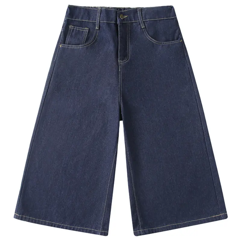 Classic Deep Raw Indigo Plain Denim Bermuda Shorts summer Men Multi Functional Pocket Structure Bright Contrast Seam Thread Unprocessed Denim Texture Casual Hip Hop Urban Daily Matching Mid Calf Jean Capris