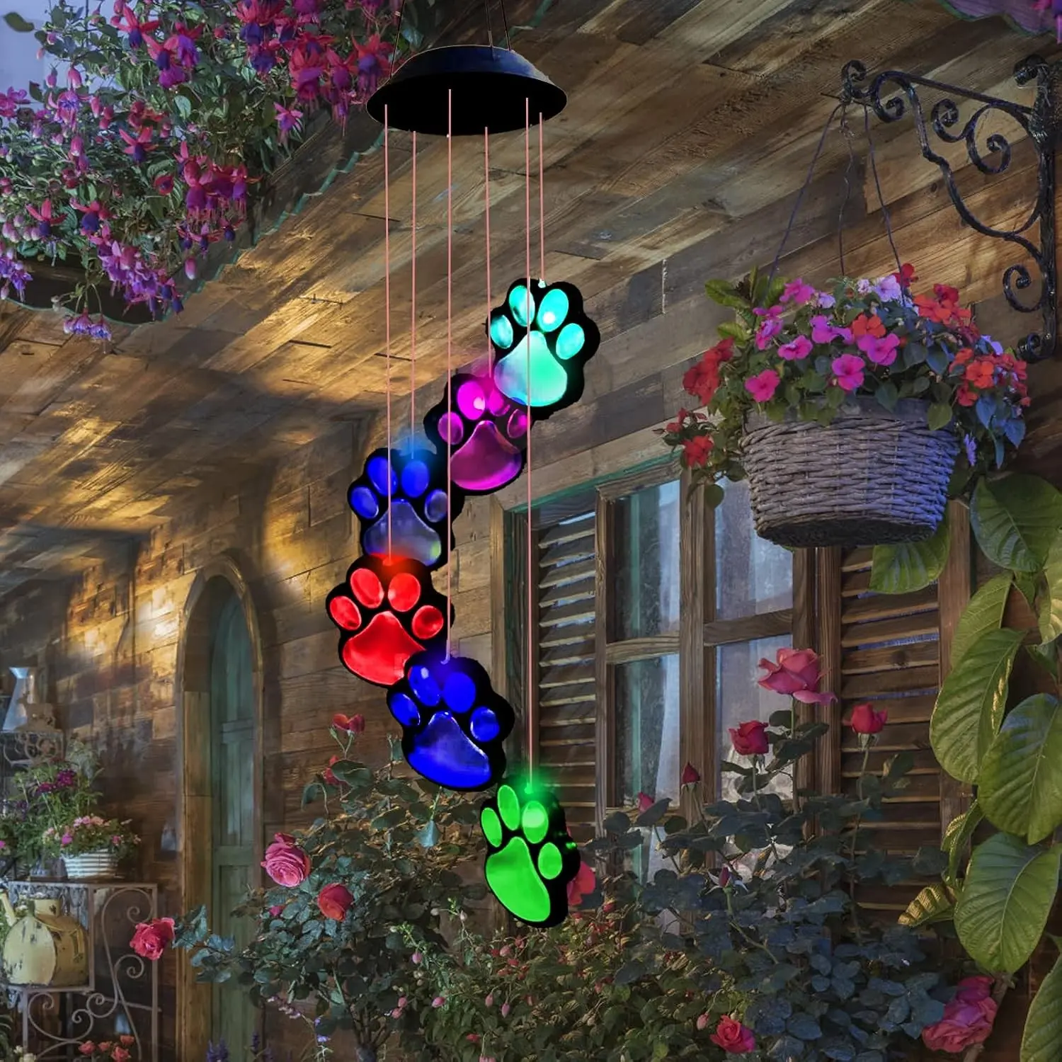 Paw Print Solar Wind Chimes for Outside, Dogs Cat Pet Pawprint Remembrance Wind Chimes,Waterproof Color Changing Solar Hanging Lights,Sympathy Gift for Pet Lover,Balcony,Patio,Yard DecorGift