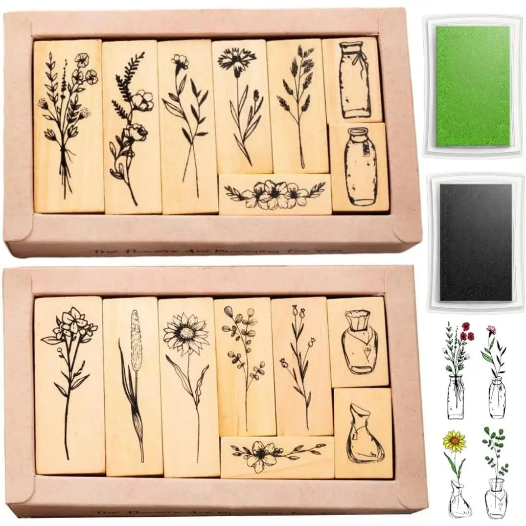 18 Pcs 2 Styles Plant Rubber Stamps for Crafting Green and Black Ink Wooden Flower Stamps