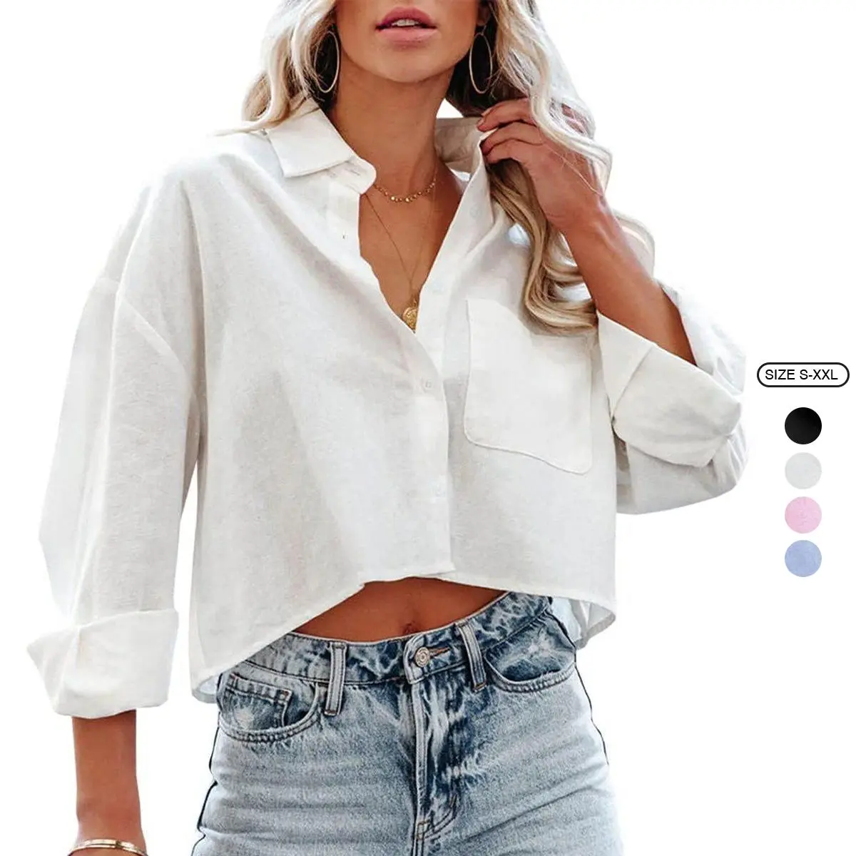 Women's Solid Cotton Shirt Blouse, Casual Longsleeves Button Down Cropped Top with a Collared Neck and Chest Pocket