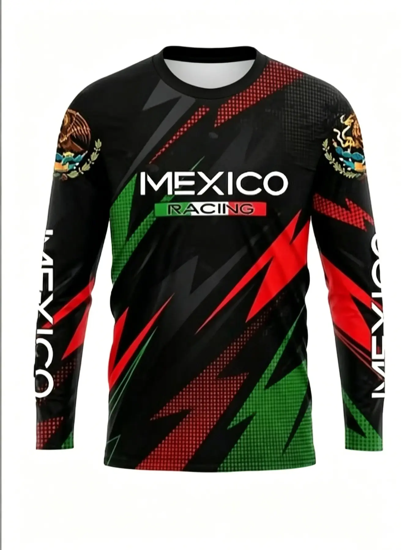 Men's Mexican Flag Geometric Lightning Print Long Sleeve Sport Top, Mesh Eagle Emblem Breathable Quick-Dry Tee, Casual Streetwear, Dry Fit Shirts