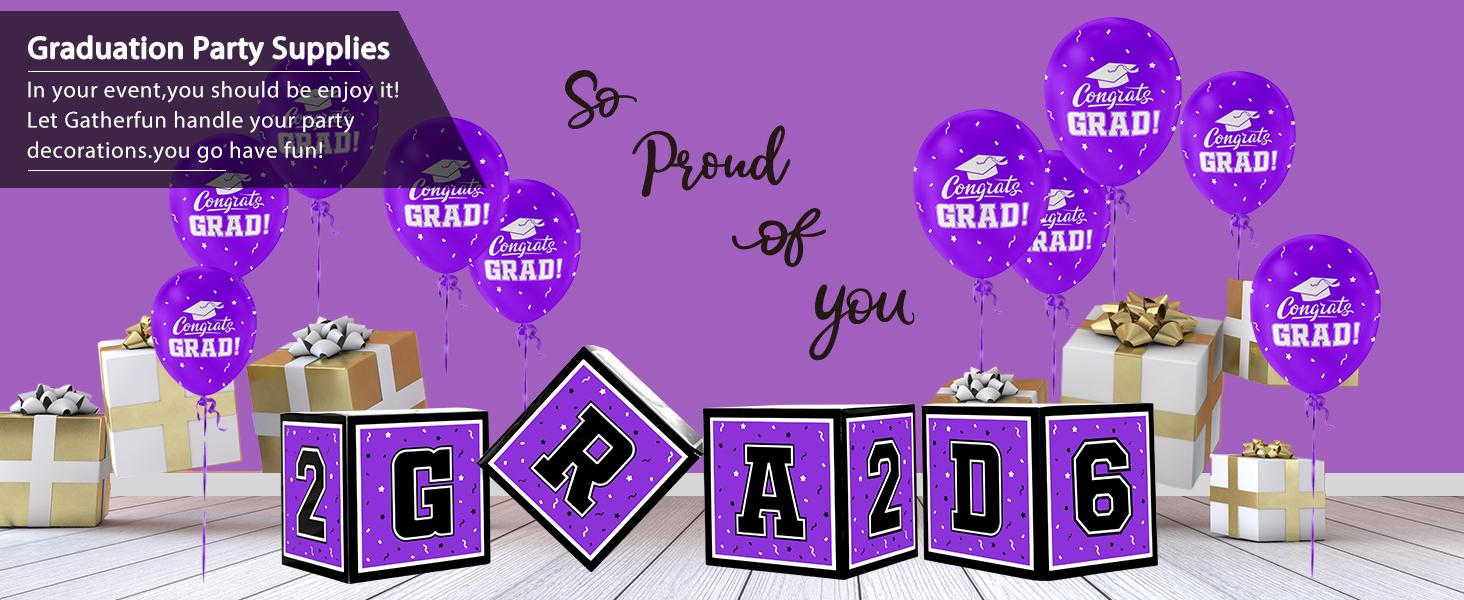 2026 Graduation Decorations Set - So Proud of You - Class of 2026 Balloon Boxes for Memorable Grad Party Supplies, Indoor/Outdoor Congrats Grad Home Door Décor Essentials( purple and black)