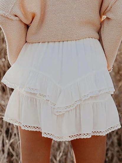 onlypuff Flowy Shorts for Women Ruffle Skirts Mini Skirts High Waisted Teen Gilrs Tennis Skirt Summer Shorts  Flowy Shorts for Women Casual Boho Ruffle Tiered Skorts High Waist Mini Skirts Golf Tennis Butterfly Crochet Shorts - All Hot Pink XL