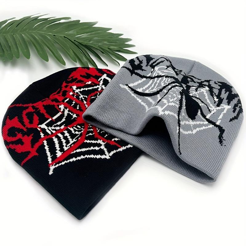 Y2K Unisex Beanie Hat with Halloween Spider Web & SCREAM Letter Design, Stretchy Elastic Band, Warm Winter Skull Cap for Streetwear, Hip-Hop, and Parties (Red/Black/White/Grey)