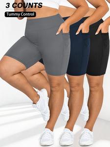 【plus size】 solid pocket high waist short leggings, casual comfy breathable skinny shorts for daily exercise wear, workout clothes, gymclothes, women's bottoms for summer, athletic shorts, gym exercise activewear