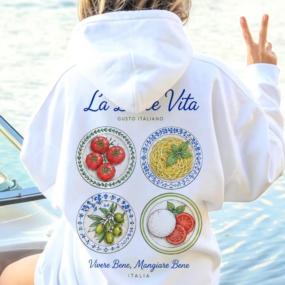 La Dolce Vita Italian Graphic Hoodie | 100% Cotton Heavyweight Pullover, Vintage Tomato Girl Aesthetic Sweatshirt, Unisex Oversized Hooded Top, Retro Europe Vacation Streetwear