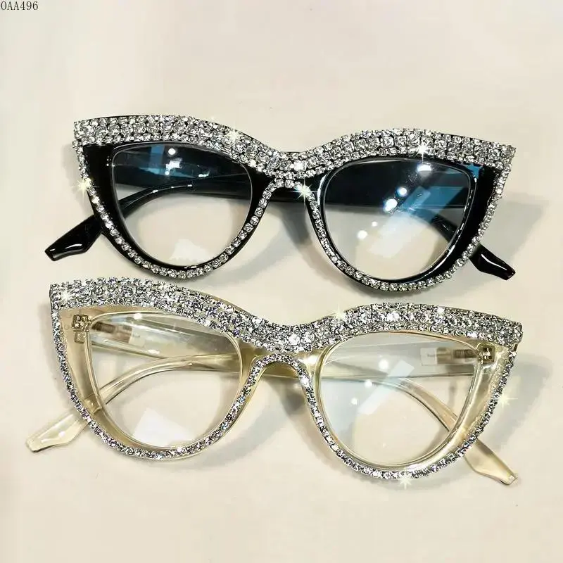 Women’s Fashion Eyeglasses, 2‑Piece Full‑Rim Cat‑Eye Rhinestone Statement Frames, Black And Translucent Unisex Pc Frames, Blue‑Light‑Filtering Non‑Prescription Eyewear, Glam Stylish Accessory For Daily Outfit Matching