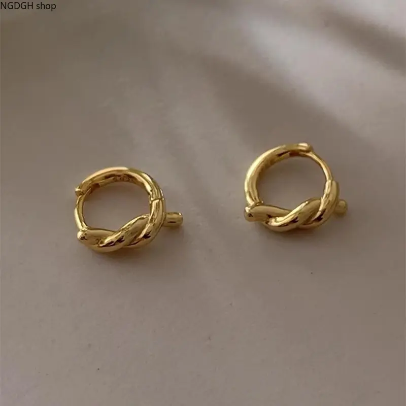 Soft Gold Twisted Knot Huggie Hoop Jewelry Earrings, Female Casual Daily Charm Detail Earrings for Everyday Wear