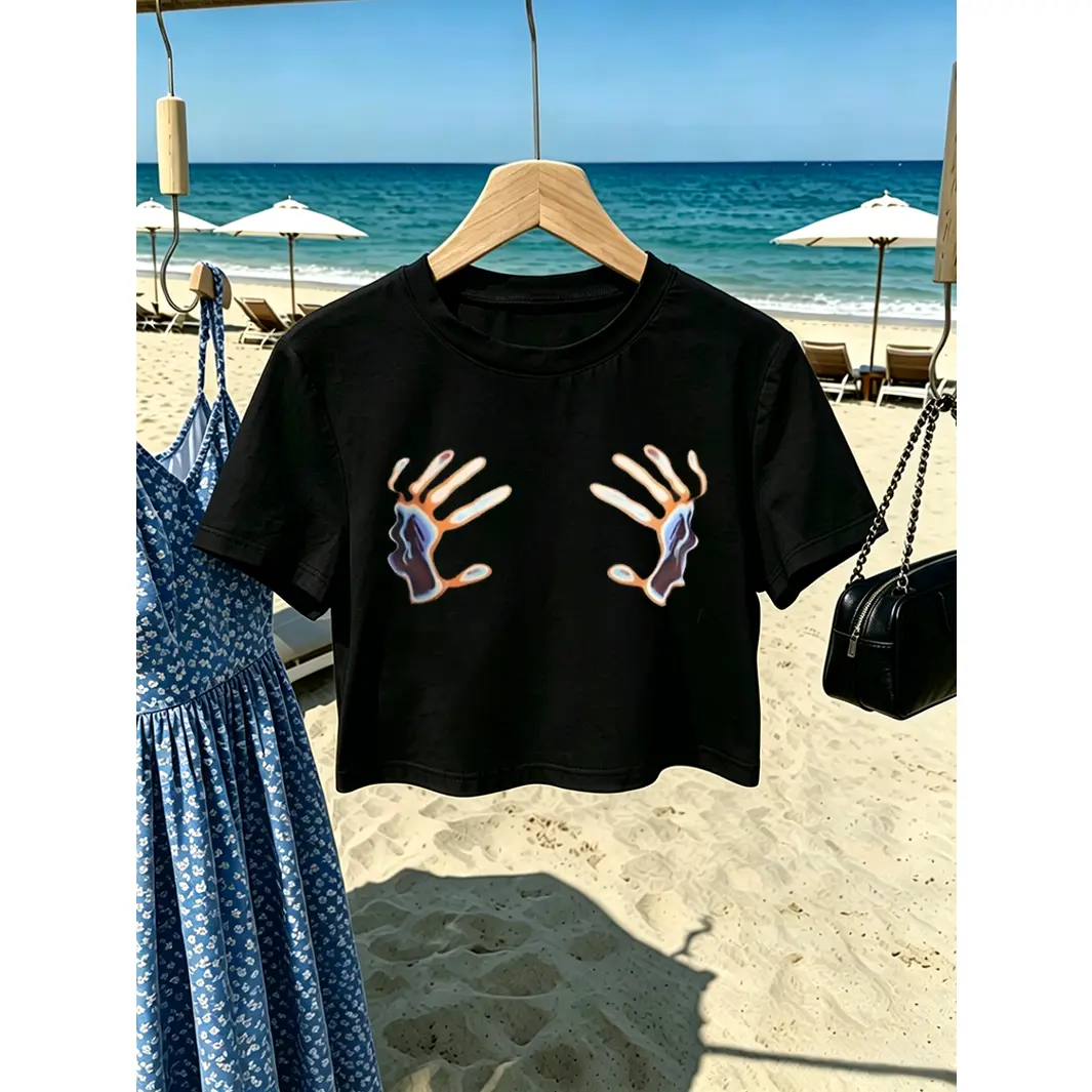 Thermal Hand Print Black Crop T Shirt Women Y2K Casual Short Sleeve Summer Top Cute Funny Graphic Tee For Beach Vacation Daily Wear Streetwear