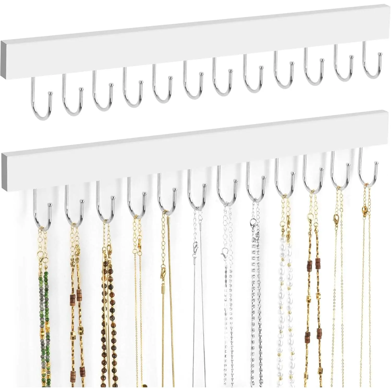 2 Pack Wall Hanging Wooden Necklace Organizer, Home Storage Jewelry Hanger with 24 Hooks, White Home Organizer