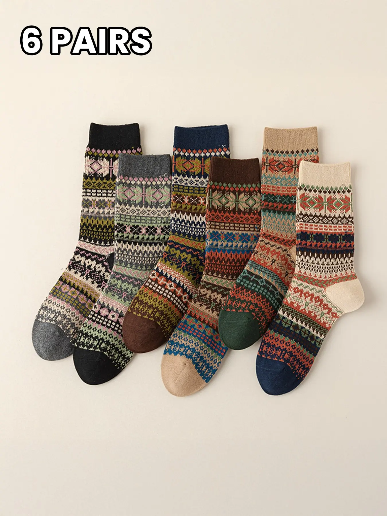 6 Pairs Vintage Fair Isle Ethnic Mid-Calf Socks, Colorblock Jacquard Soft Warm, Perfect for Fall Winter with Coats Boots