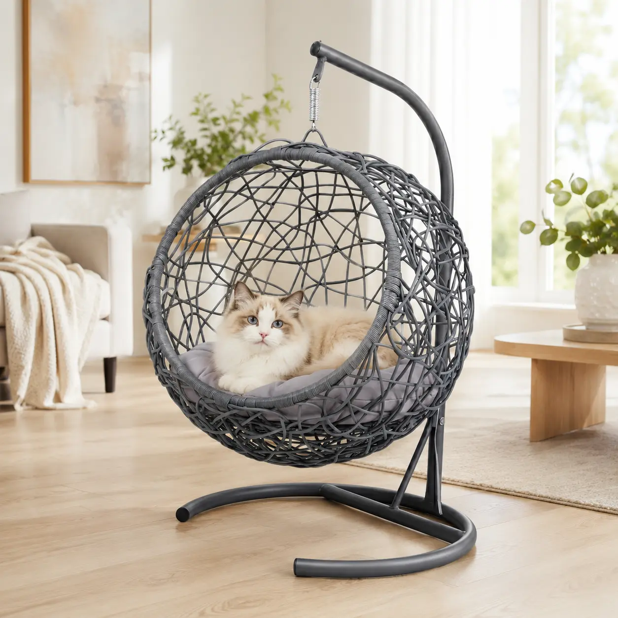 Cozy Hanging Cat Swing Chair with Stand, Rattan Style Egg Bed with Soft Cushion for Indoor Cats and Small Pets