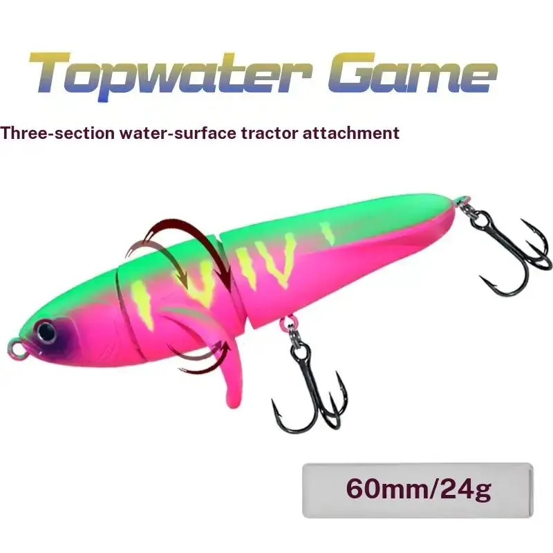 Japanese Style 3 Section Topwater Crawler Lure, 24g Floating Propeller Pencil Fishing Bait, Long Cast Topwater Artificial Lure, Realistic Swimming Posture Strong Water Disturbance, Sharp Sturdy Hooks Durable Body, Perfect for Snakehead Bass Topmouth Cult
