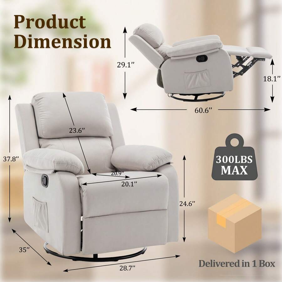 Recliner Chair, 360 Swivel Rocker Chair For Adults, Small Rocking Recliner Chair For Small Spaces, Upholstered Fabric Glider Recliner Nursery Chair With Side Pockets For Living Room, Nursery,Multiple Colors