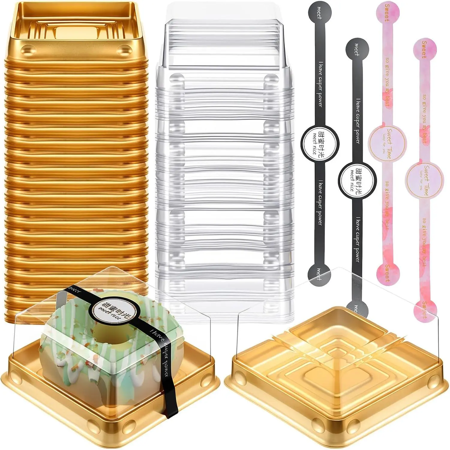 100 Pack 3.5 Inch Clear Plastic Dessert Boxes with  & Stickers, Golden Square Brownie Containers & Macaron Boxes for Individual Pastries, Cakes, Wedding, Birthday Party