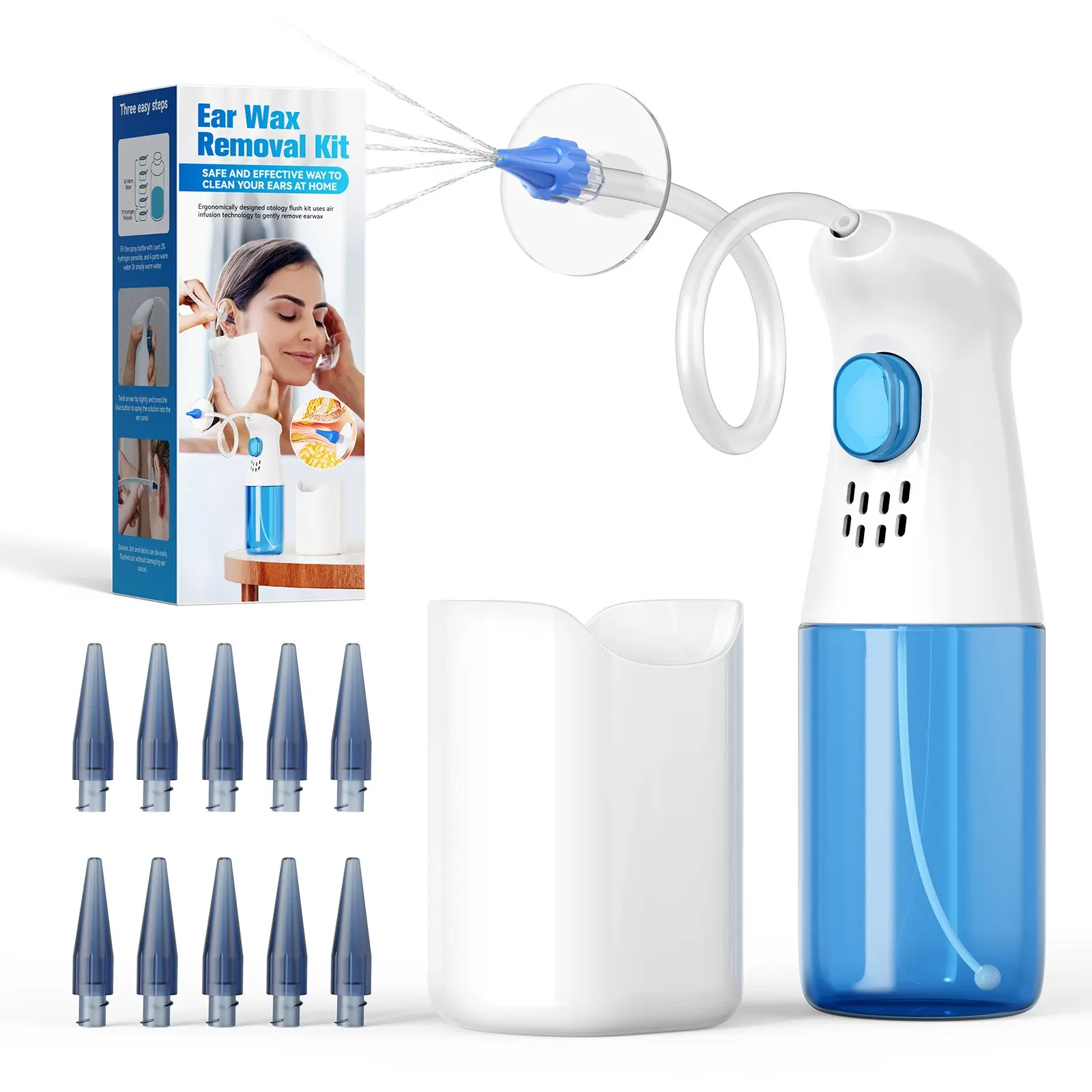 Handheld ear wax irrigation cleaner kit fitted with replaceable soft nozzles and wastewater receiving basin, adjustable gentle water pressure ear flushing tool for daily household ear cleaning and earwax buildup removal