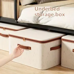 Large Capacity Foldable Linen Storage Box, Dual Zipper + Leather Handle, Bed Bottom Organizer, Saves Space in Bedroom, Dorm, Closet
