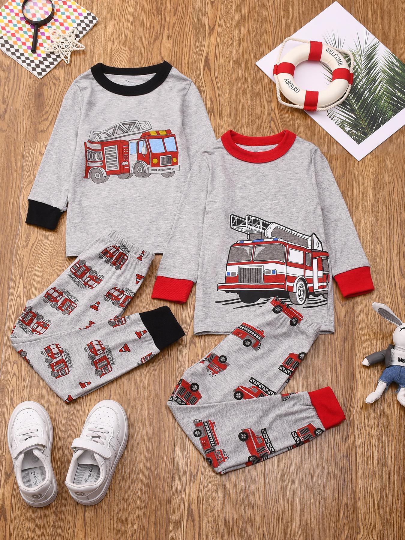 Boy's Fire Truck Print Top & Pants Loungewear Set, Casual Comfy Round Neck Long Sleeve Top & Trousers Pj Set, Boys Sleepwear for Fall, Pajama Sets, Pajamas, Pajama Outfit, Pyjama