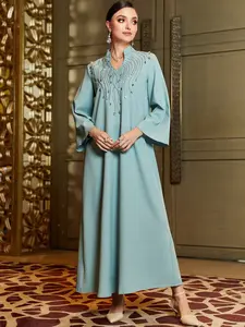New Muslim Evening Gown, Smoky Blue Heavy Beaded Robe, Elegant Stand Collar Long Dress, Middle East Dubai Wedding Guest Attire