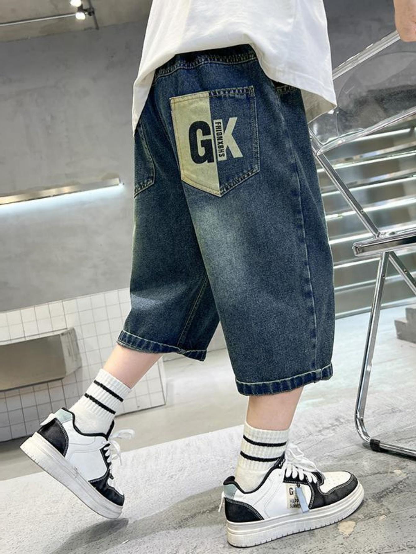 NewBoys' Faux Denim Pants, a Valentine'S Gift, Enhance Body Shape, Comfortable And Stylish Cropped Pants, Versatile for Summer, Casual Sporty Style, Suitable for Various Looks