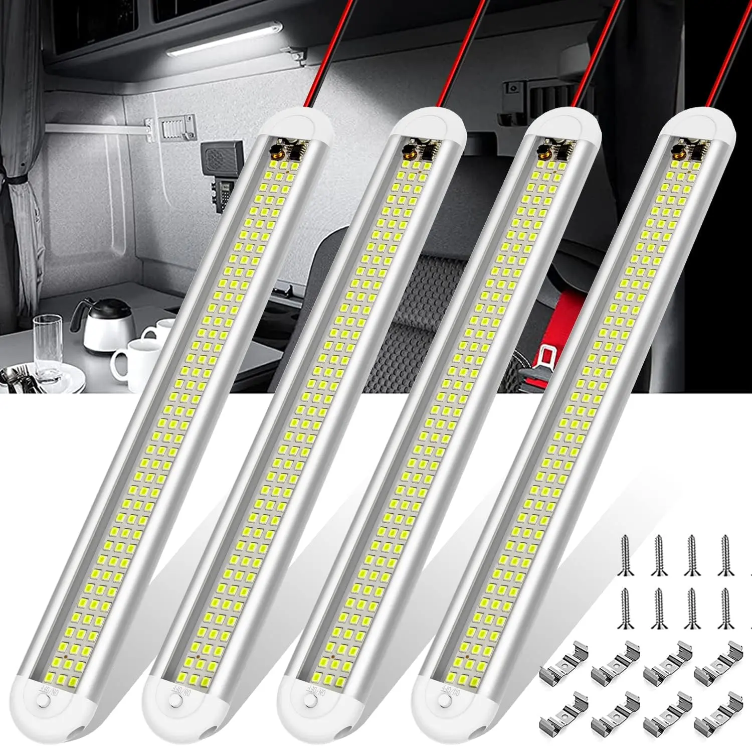 Interior Light 8W 12 Volt led Strip Lights with Switch,for Enclosed Cargo Trailer, Car Van Truck Lorry Camper Boat Caravan Motorhome (4Pack)