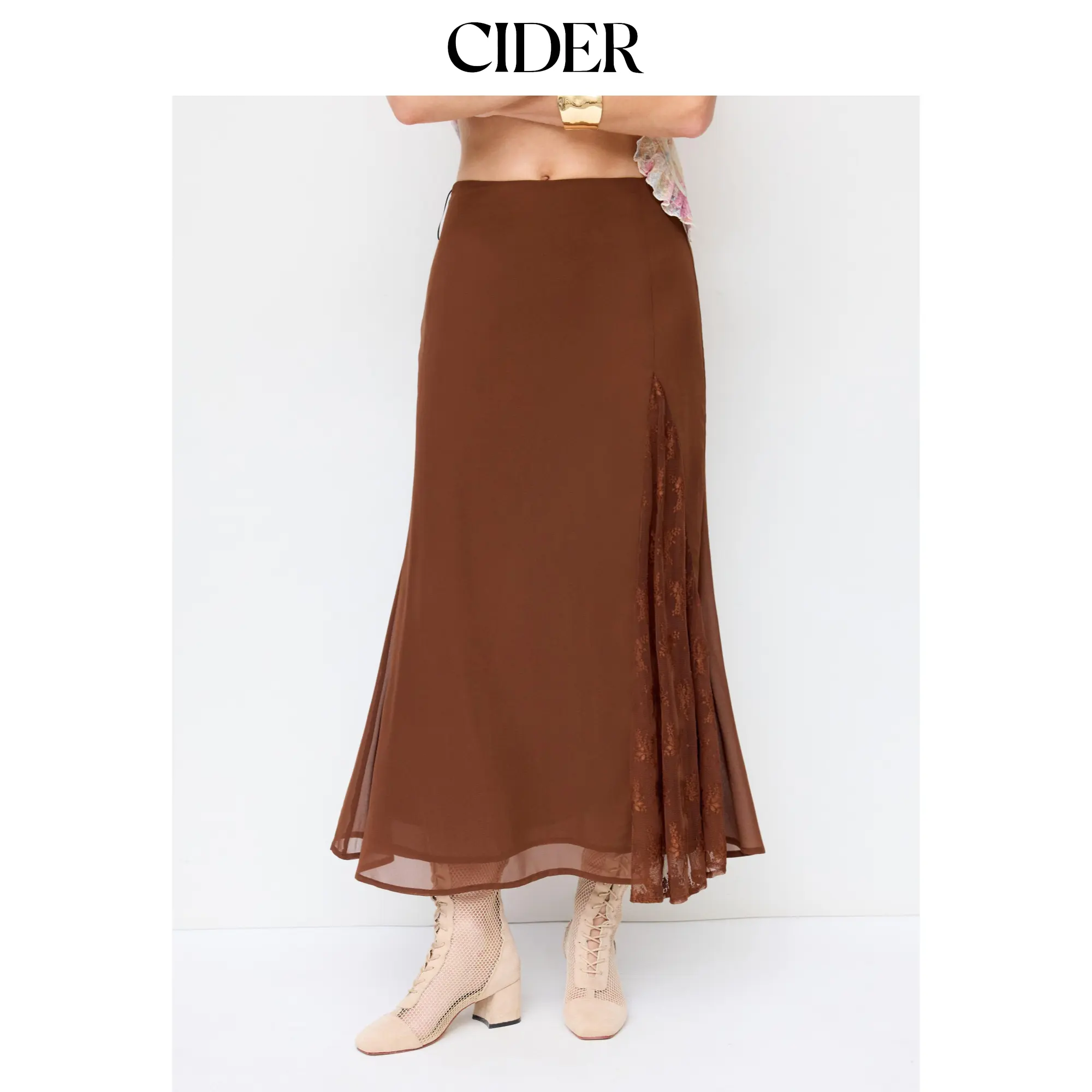 Cider Chiffon Mid Rise Lace Panel Mermaid Maxi Skirt
