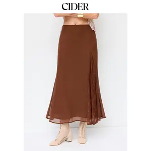 Cider Chiffon Mid Rise Lace Panel Mermaid Maxi Skirt