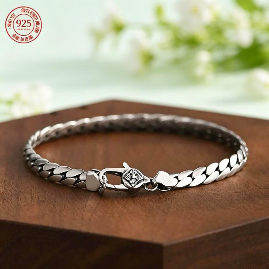 S925 Sterling Silver Cuban Bracelet for Men & Women, Handwoven Elegant Chain Jewelry Gift