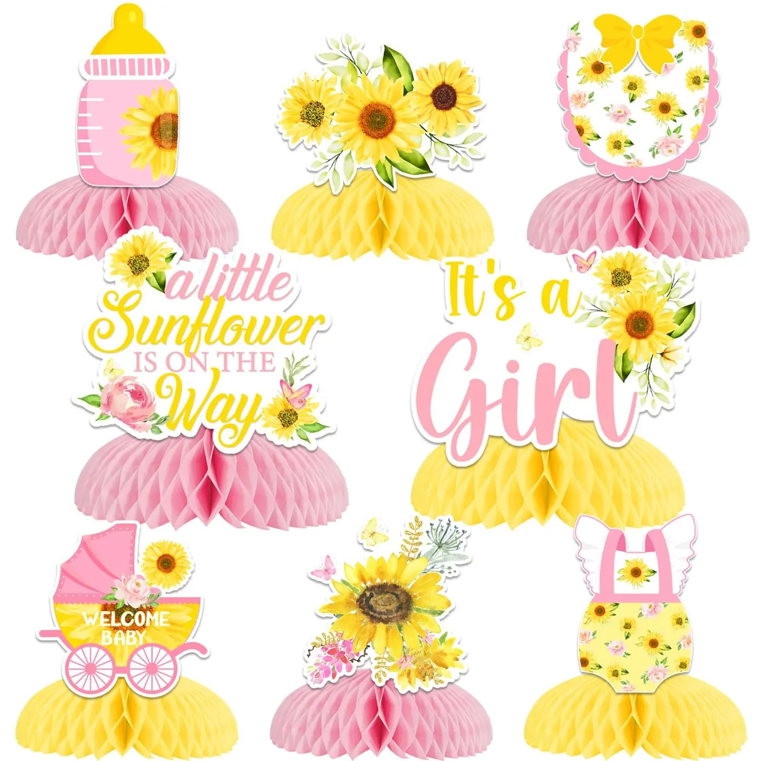 8 Pieces Sunflower Baby Shower Honeycomb Centerpieces Pink Sun Flower Baby Shower Decorations for Girl A Little Sunflower is On The Way Table Toppers for Pregnancy Newborn Party