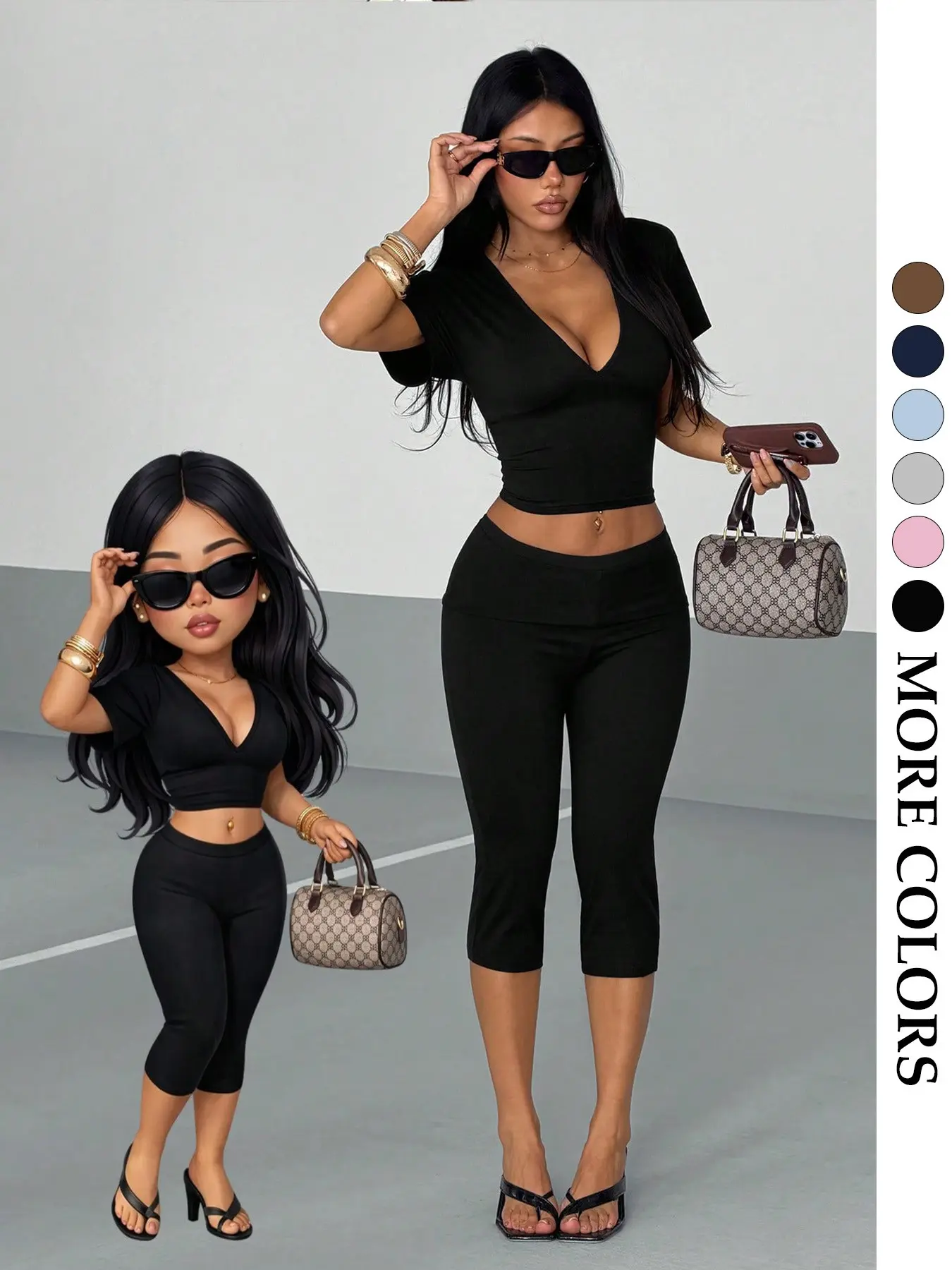 Women's V-Neck Short Sleeve Top + Low Waist Seven-Eighths Pants Set, High Stretch Slimming Belly Control, Chic Fashion Streetwear Casual Two-Piece, Match Style Set, Trend