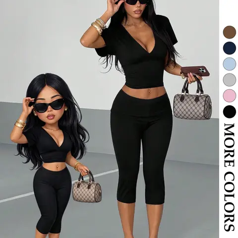 Women's V-Neck Short Sleeve Top + Low Waist Seven-Eighths Pants Set, High Stretch Slimming Belly Control, Chic Fashion Streetwear Casual Two-Piece, Trend, Top Sets