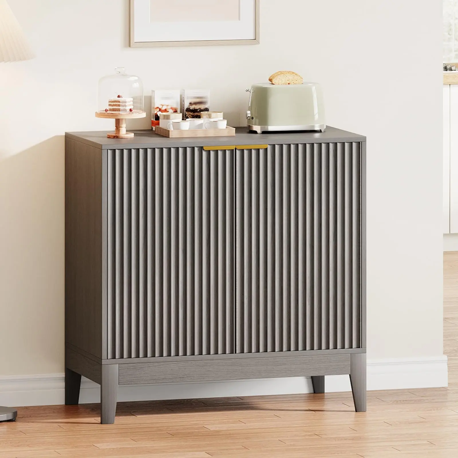 Garvee Small Fluted Sideboard Cabinet with Storage, 32" Modern Sideboard Buffet Storage Console Table, Mid Century 2 Doors Accent Cabinet with Doors and Shelves for Kitchen, Dining Room, Entryway