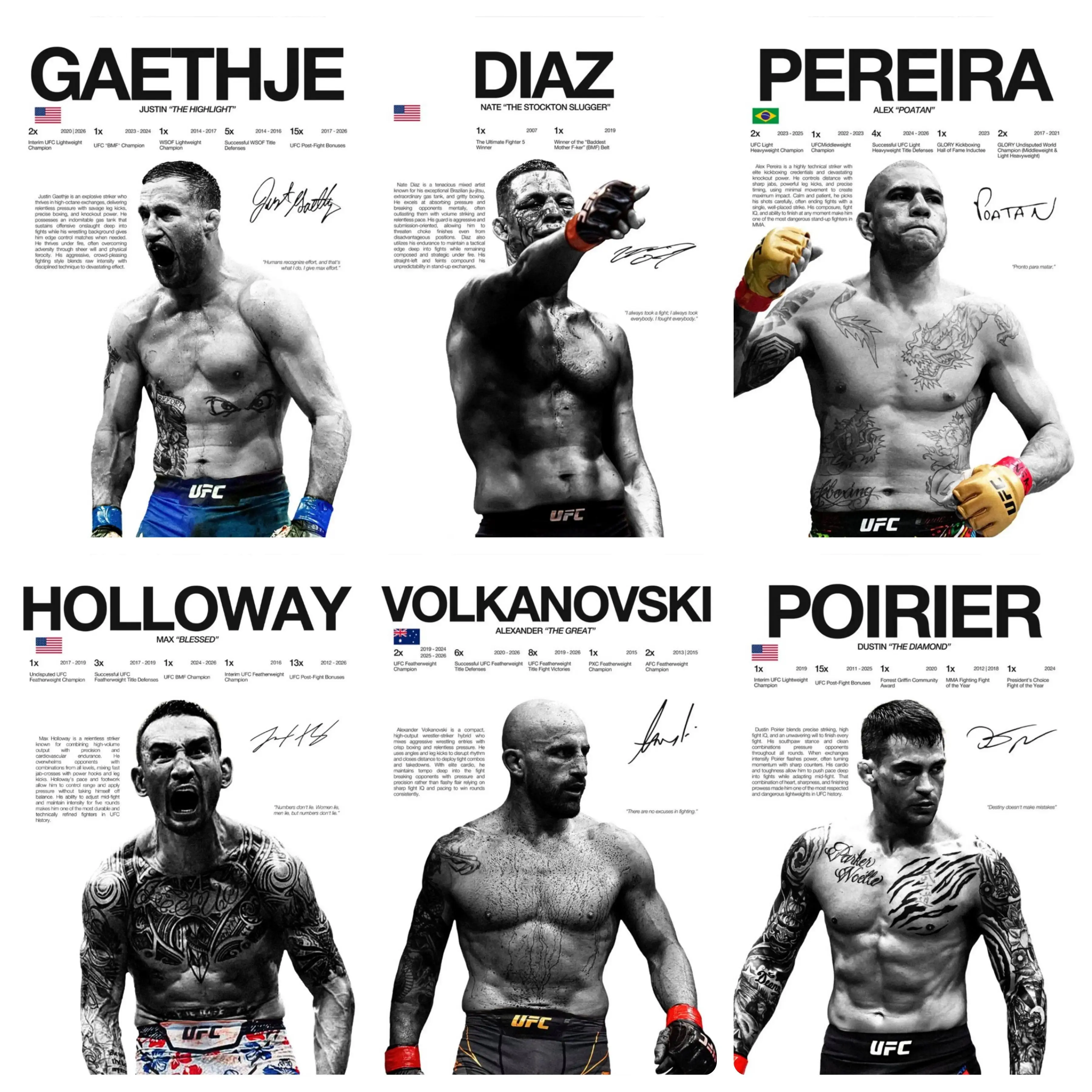 UFC Star Canvas Wall Art Poster – Pereira, Volkanovski, Holloway, Diaz, Gaethje, Poirier Signed Style Prints, Legendary MMA Fighter Collection Artwork, Premium Gym Bedroom Dorm Decor, High-Quality Unframed Solid Wood Frame Waterproof Moisture-Proof Must-H