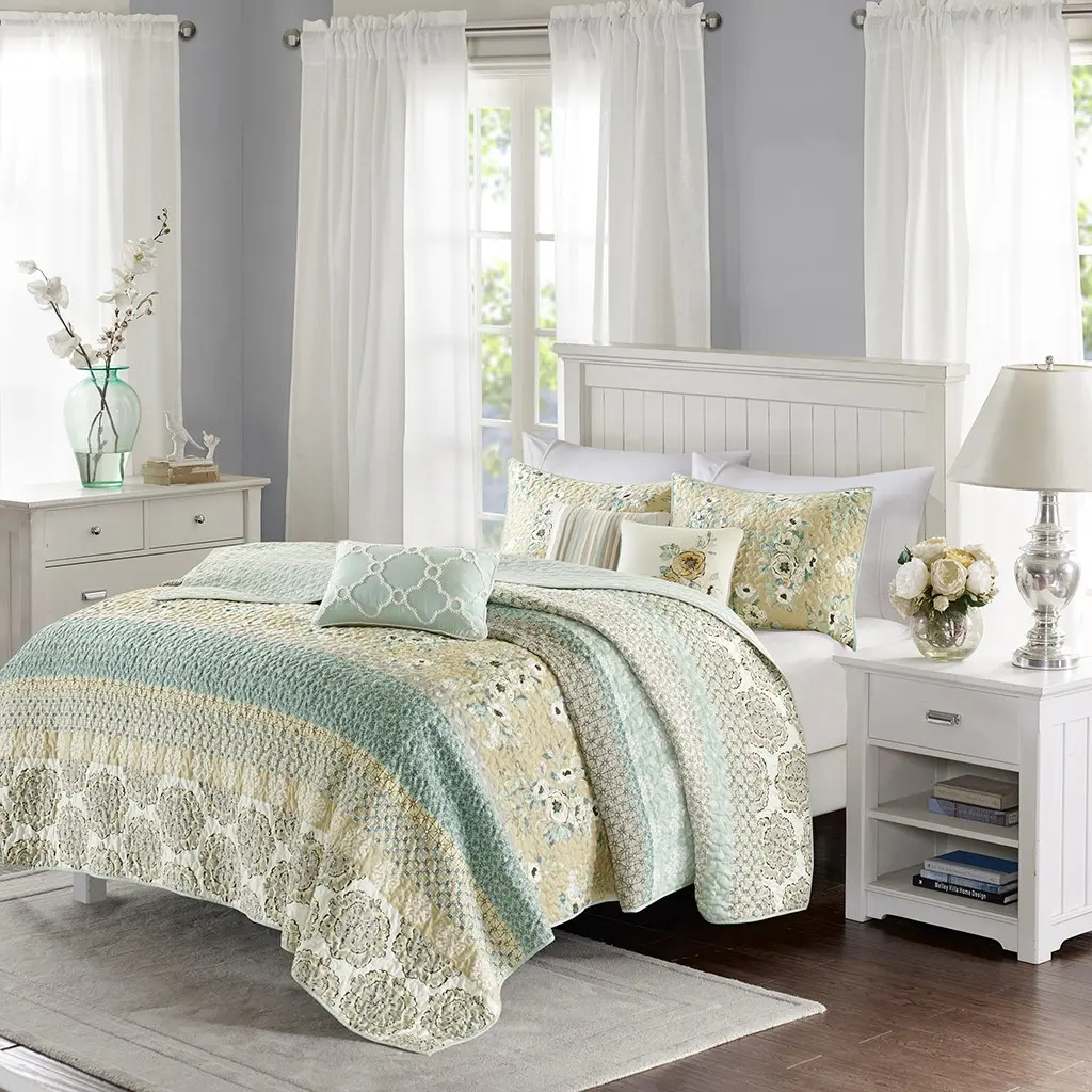 Nokaa 6 Piece Cotton Quilt Set with Throw Pillows Green Full/Queen Size Lightweight Reversible Bedspread Coverlet Set Soft Breathable Bedding for Bedroom Guest Room All Season Home Decor