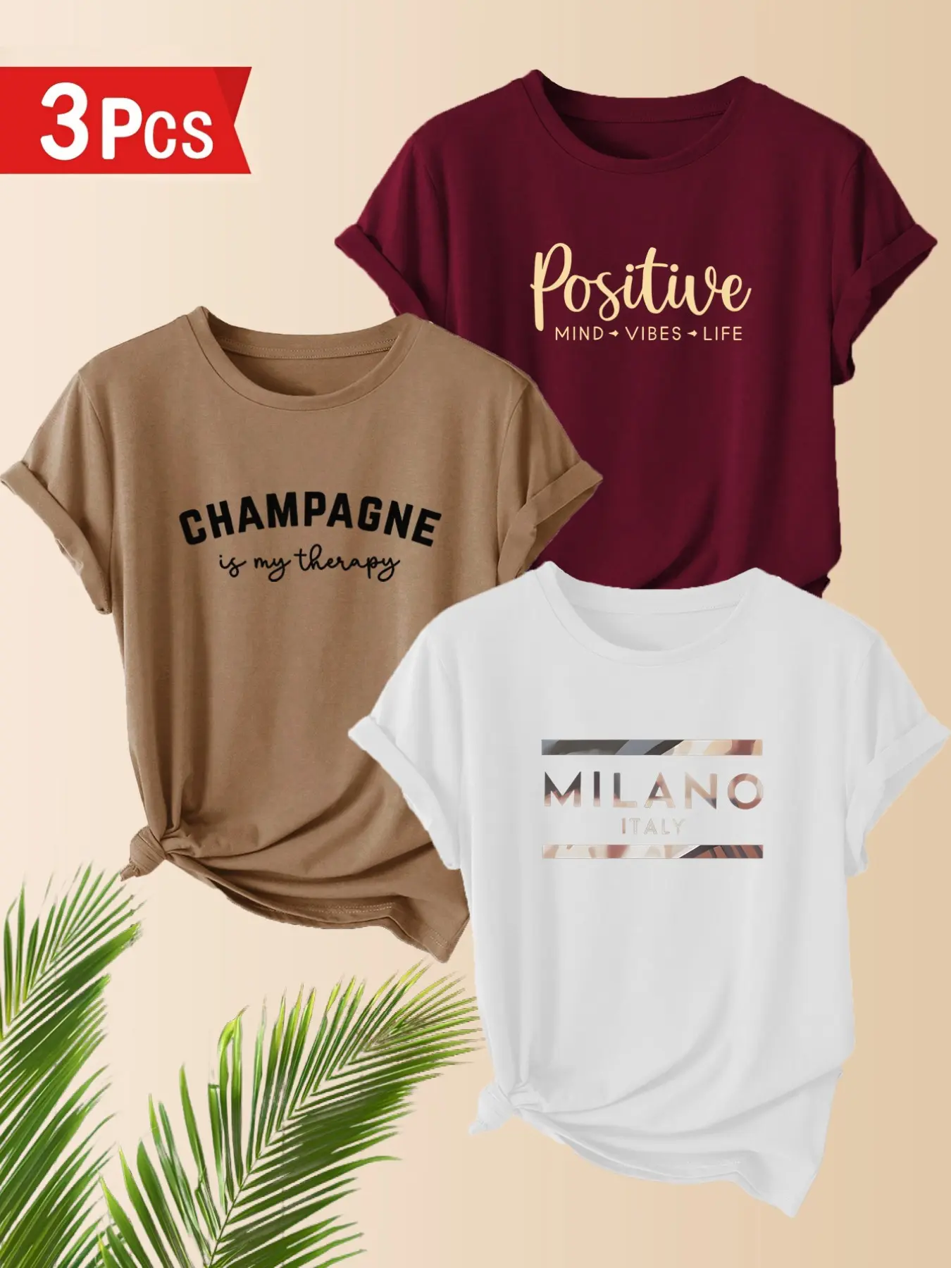 3-Pack Women's Casual T-Shirts, Heart Pattern, Slim-Fit Short Sleeve, Polyester, Comfortable for Spring & Summer, Everyday