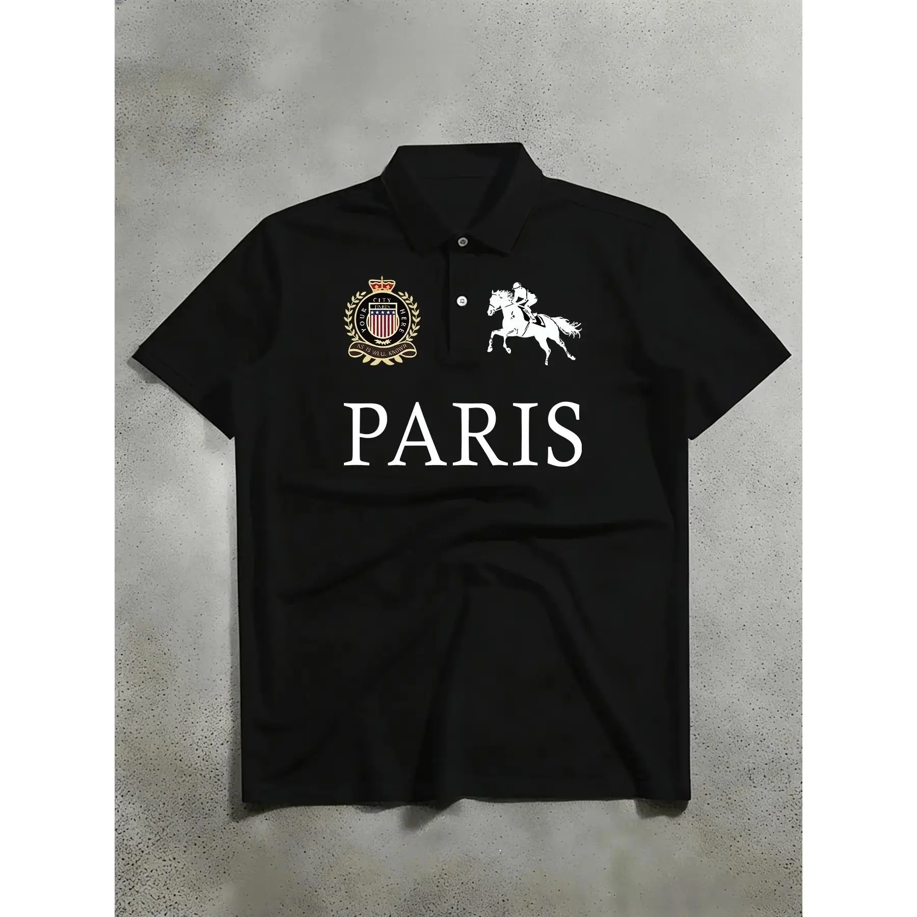 Men's Short Sleeve Polo Shirt, Paris Equestrian Crown Print, Colorblock Striped Collar, High-Quality Breathable Classic Fit, Casual Button Front Top, Breathable Summer Polos, Casual Polo Shirts, Collared Polo Shirts