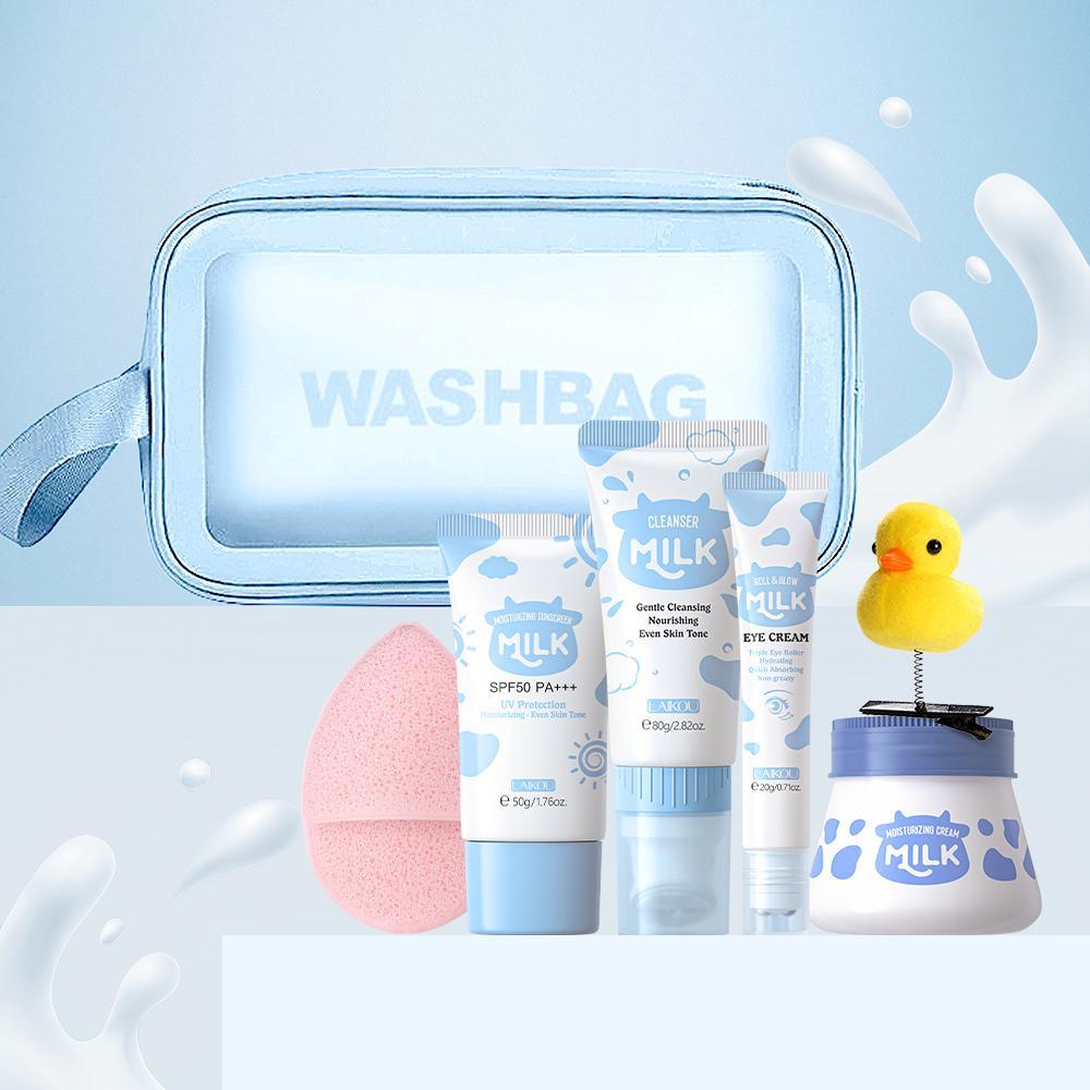 Moisturizing Hydrating Milk Skincare Kit, 1 Set Including 80g Gentle Cleansing Cleanser, 20g Eye Cream, 55g Hydrating Moisturizing Cream, 50g UV Sunscreen, 1 Sponge, 1 Duck Decor Hair Clip, 1 Bag Moisturizer Hydrate