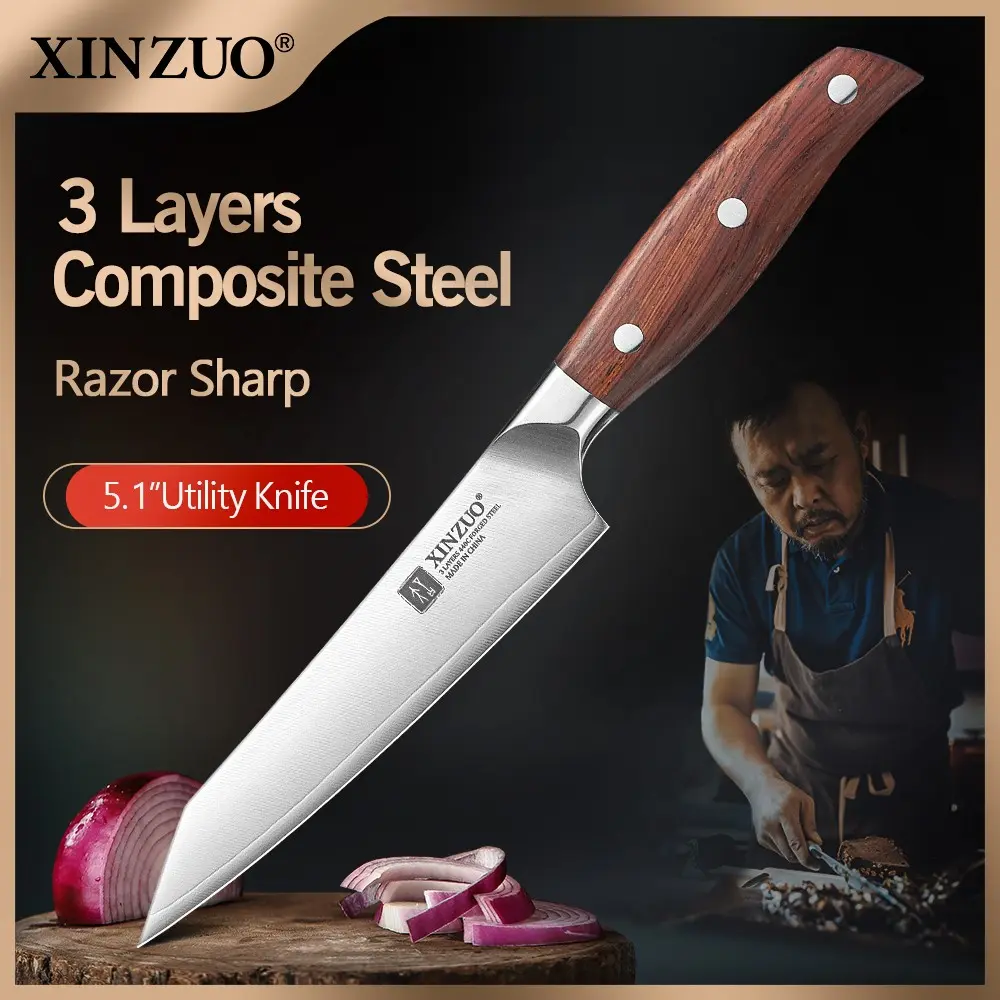 XINZUO Customized 3-Layer Composite Steel Kitchen Utility Knife, 440C Steel Core, Comfortable and Attractive Red Wood Handle, Core Hardness：60±1HRC,Ultra-Sharp Edge