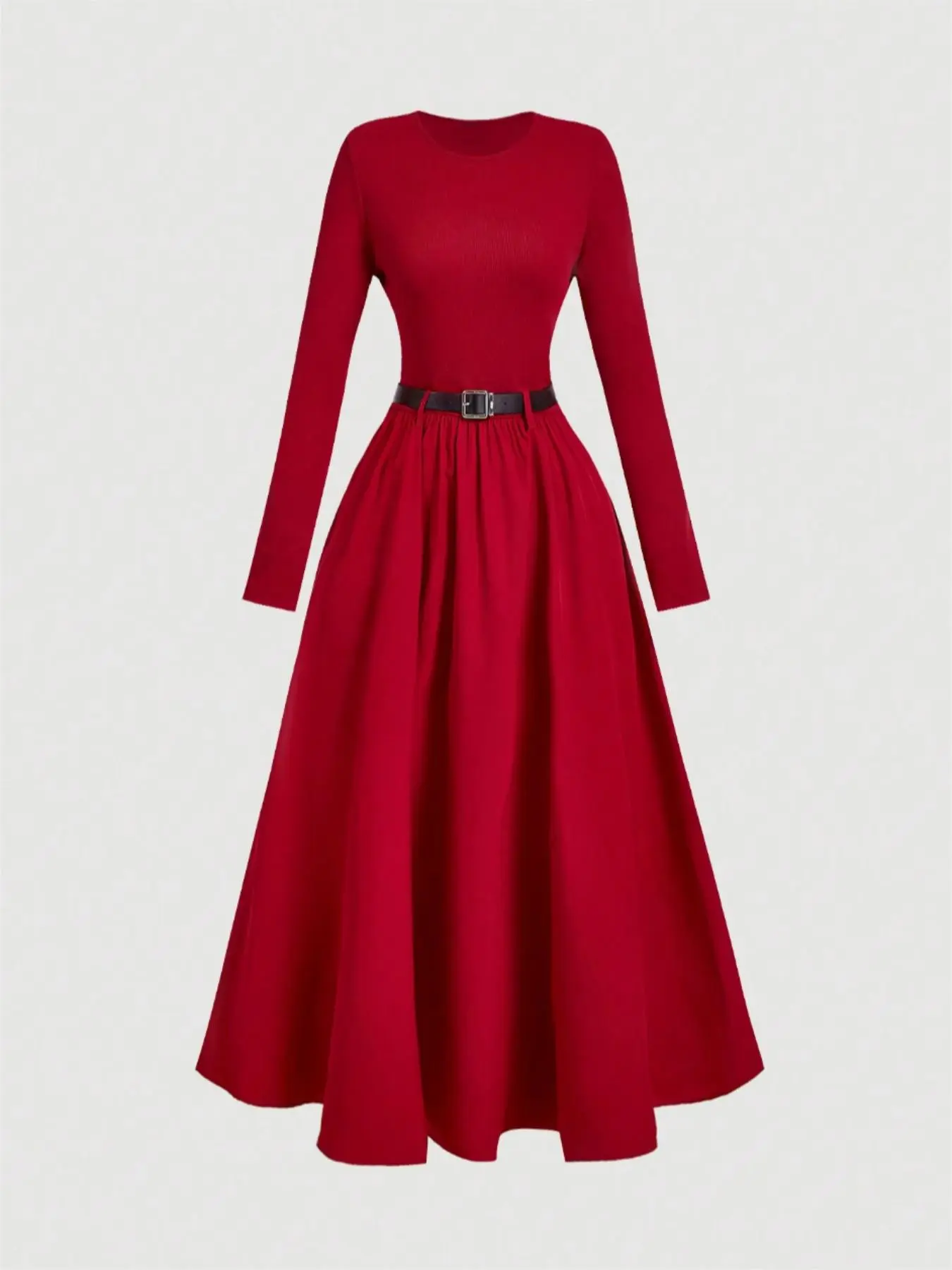 Women's Solid Color Long Sleeve Dress with Belt, Classy Modest Dresses, Elegant Fashion Casual Round Neck Dress for Daily Outdoor Wear, Women Dress for Spring & Fall, Modest Style Dress
