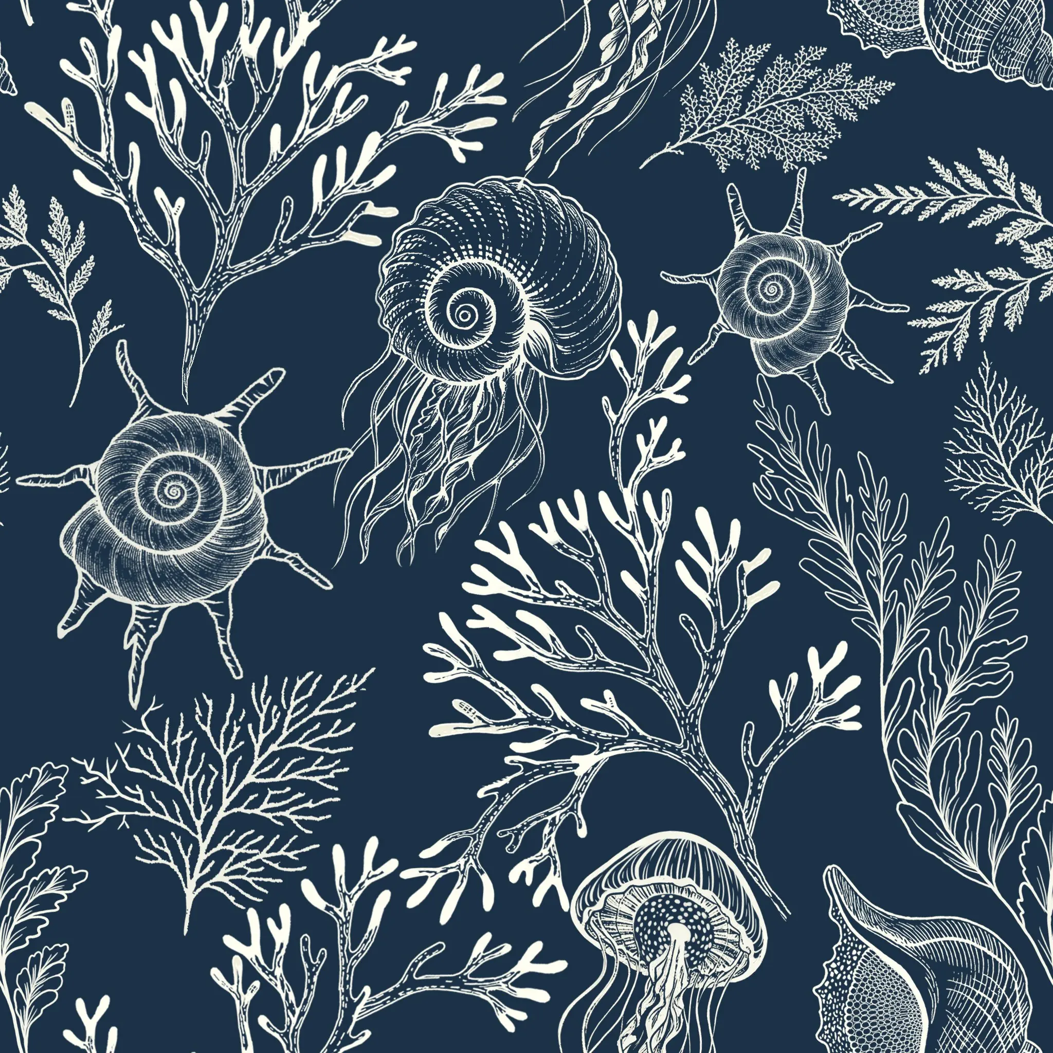 Self-Adhesive Wallpaper, Deep Blue Ocean Algae and Seashell Modern Wallpaper, Waterproof, Peel and Stick, for Living Room, Bedroom, Bathroom, Kitchen